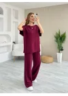 Kadın Kısa Kollu Kayık Yakalı Dikiş Izi Detaylı Viskon Iki Iplik Bluz Ve Pantolon Ikili Takım