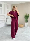 Kadın Kısa Kollu Kayık Yakalı Dikiş Izi Detaylı Viskon Iki Iplik Bluz Ve Pantolon Ikili Takım