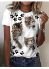 Kadın Kısa Kollu Kedi Ve Pati Baskılı Süprem T-shirt
