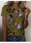Kadın Kısa Kollu Kedi Ve Pati Baskılı Süprem T-shirt