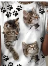 Kadın Kısa Kollu Kedi Ve Pati Baskılı Süprem T-shirt
