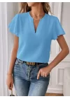 Kadın Kısa Kollu Kelebek Kollu V Yakalı Sandy Bluz