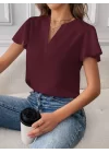 Kadın Kısa Kollu Kelebek Kollu V Yakalı Sandy Bluz
