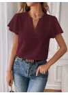 Kadın Kısa Kollu Kelebek Kollu V Yakalı Sandy Bluz
