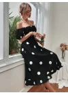 Kadın Kısa Kollu Kollar Ve Etek Ucu Volanlı üst Gipeli Puantiyeli Krep Elbise