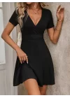 Kadın Kısa Kollu Kruvaze Yaka A Kesim Kalın Fitilli Kaşkorse Elbise