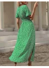Kadın Kısa Kollu Kruvaze Yaka Beli Lastikli Yanlardan Yırtmaçlı Uzun çiçekli Elbise