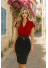 Kadın Kısa Kollu Kruvaze Yaka Krep Elbise (Kemersiz)