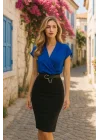 Kadın Kısa Kollu Kruvaze Yaka Krep Elbise (Kemersiz)