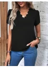Kadın Kısa Kollu Lazer V Yakalı Ithal Krep Bluz