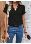 Kadın Kısa Kollu Lazer V Yakalı Ithal Krep Bluz