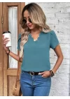 Kadın Kısa Kollu Lazer V Yakalı Ithal Krep Bluz