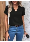 Kadın Kısa Kollu Lazer V Yakalı Ithal Krep Bluz