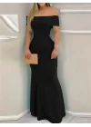 Kadın Kısa Kollu Madonna Yaka Belden Oturtmalı Uzun Ithal Krep Elbise