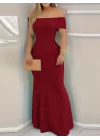 Kadın Kısa Kollu Madonna Yaka Belden Oturtmalı Uzun Ithal Krep Elbise
