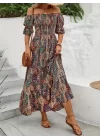 Kadın Kısa Kollu Madonna Yaka Desenli Fırfırlı Maksi Bu Süprem Elbise