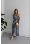 Kadın Kısa Kollu Madonna Yaka Fırfırlı Belden Yırtmaçlı Maksi Süprem Elbise