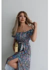 Kadın Kısa Kollu Madonna Yaka Fırfırlı Belden Yırtmaçlı Maksi Süprem Elbise