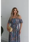 Kadın Kısa Kollu Madonna Yaka Fırfırlı Belden Yırtmaçlı Maksi Süprem Elbise