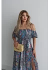 Kadın Kısa Kollu Madonna Yaka Fırfırlı Belden Yırtmaçlı Maksi Süprem Elbise