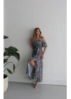 Kadın Kısa Kollu Madonna Yaka Fırfırlı Belden Yırtmaçlı Maksi Süprem Elbise