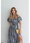Kadın Kısa Kollu Madonna Yaka Fırfırlı Belden Yırtmaçlı Maksi Süprem Elbise