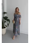Kadın Kısa Kollu Madonna Yaka Fırfırlı Belden Yırtmaçlı Maksi Süprem Elbise