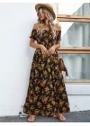 Kadın Kısa Kollu Madonna Yaka Yırtmaçlı çiçek Desenli Süprem Elbise