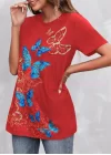 Kadın Kısa Kollu Mavi Sarı Kelebek Baskı Süprem Bluz