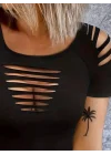 Kadın Kısa Kollu Omuz Ve Göğüs Kesik Detay Viskon Bluz