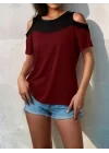 Kadın Kısa Kollu Omuzlardan Açık Detaylı çift Renkli Viskon Bluz