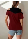 Kadın Kısa Kollu Omuzlardan Açık Detaylı çift Renkli Viskon Bluz