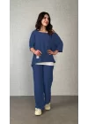 Kadın Kısa Kollu Omuzlardan Açık Yarasa Kollu Bürümcük Bluz Ve Pantolon Ve Viskon Atlet