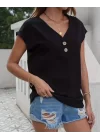 Kadın Kısa Kollu önü Düğmeli V Yaka Aerobin Bluz