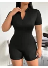 Kadın Kısa Kollu önü Fermuarlı Bodycon Dalgıç Tulum