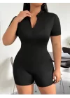 Kadın Kısa Kollu önü Fermuarlı Bodycon Dalgıç Tulum