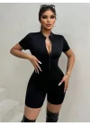 Kadın Kısa Kollu önü Fermuarlı Bodycon Dalgıç Tulum