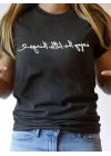 Kadın Kısa Kollu önü Yazı Baskılı Basic Süprem Bluz