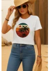 Kadın Kısa Kollu Palmiye Baskılı Viskon T-shirt