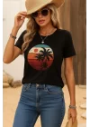 Kadın Kısa Kollu Palmiye Baskılı Viskon T-shirt