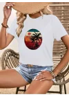 Kadın Kısa Kollu Palmiye Baskılı Viskon T-shirt
