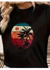 Kadın Kısa Kollu Palmiye Baskılı Viskon T-shirt