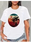 Kadın Kısa Kollu Palmiye Baskılı Viskon T-shirt