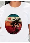 Kadın Kısa Kollu Palmiye Baskılı Viskon T-shirt