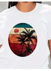 Kadın Kısa Kollu Palmiye Baskılı Viskon T-shirt