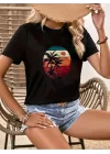 Kadın Kısa Kollu Palmiye Baskılı Viskon T-shirt