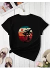 Kadın Kısa Kollu Palmiye Baskılı Viskon T-shirt