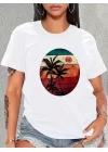 Kadın Kısa Kollu Palmiye Baskılı Viskon T-shirt