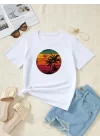 Kadın Kısa Kollu Palmiye Baskılı Viskon T-shirt