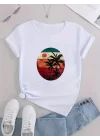 Kadın Kısa Kollu Palmiye Baskılı Viskon T-shirt